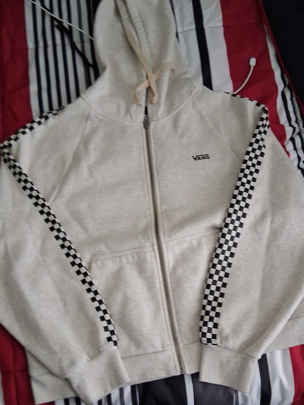 Vans Light Gray Hoodie with Black-and-White Checker Stripe